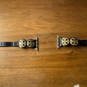 Tory Burch Apple smart watch band, black leather with gold Miller emblem